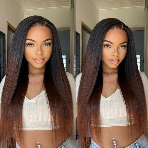 Yaki Straight Chestnut Brown Ombre Glueless V Part Wig With Invisi Drawstring