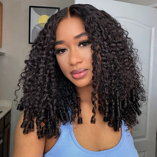 OQ HAIR Burmese Curly Glueless Wigs Elastic Drawstring Snug Fit Wear Go Wigs With Finger Coils Ends