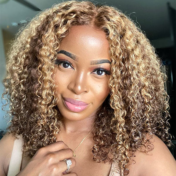 Blonde Highlight Glueless Wig Kinky Curly Bob Wig