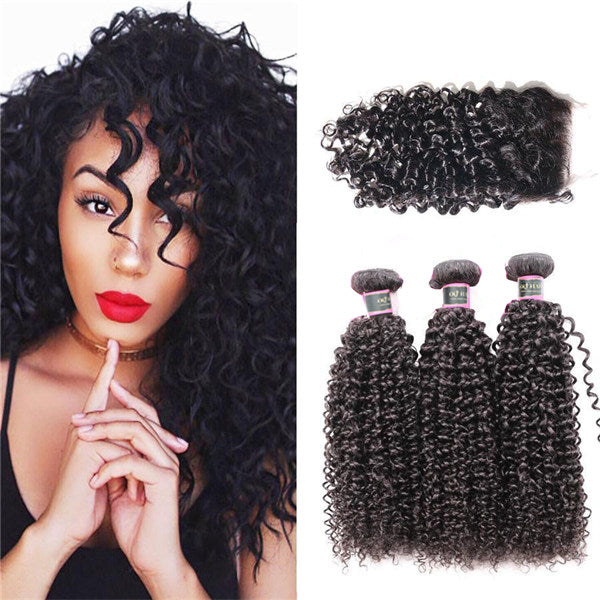 Brazilian Water Wave Human Hair Bundles With 4x4 Lace Closure Unprocessed Natural Black From Gagaqueen, $60.78