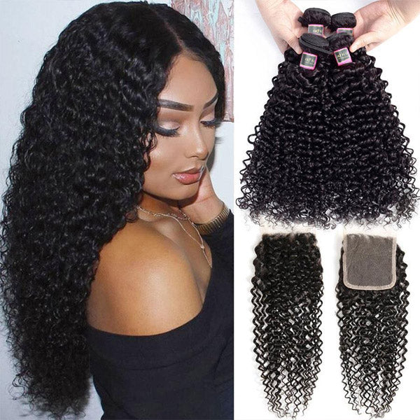 4x4 Lace Closure with Bundles Kinky Curly Virgin Human Hair