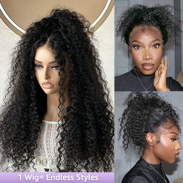 OQ HAIR Kinky Curly Invisi-Drawstring Pre-Cut 360 Lace Glueless Wig With Bleached Knots Pre-Plucked Hairline