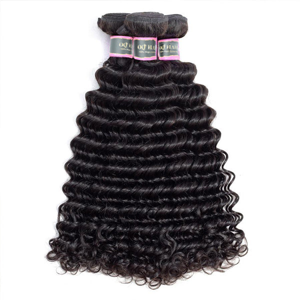 Deep Wave Human Hair 3 Bundles with 13*4 Lace Frontal Natural Black