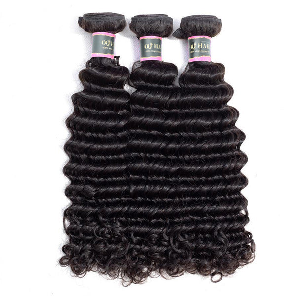 Deep Wave Human Hair 3 Bundles with 13*4 Lace Frontal Natural Black