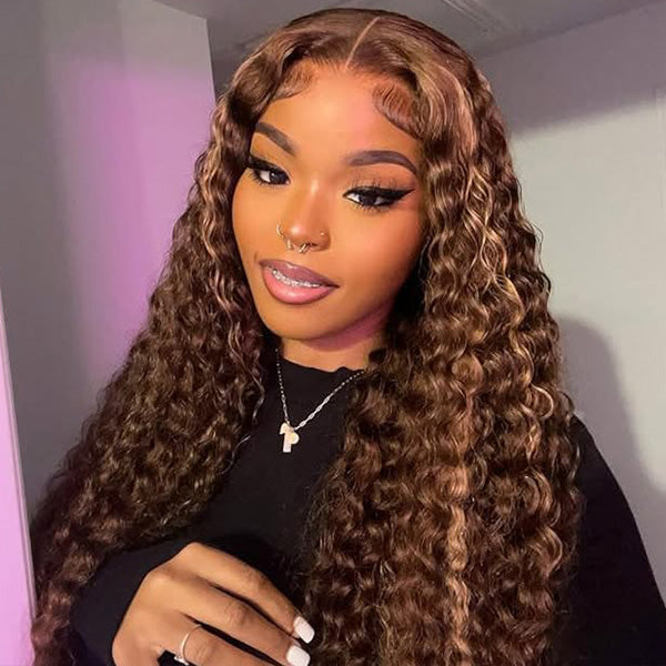 OQ HAIR Water Wave Highlight Ombre 4/27 Wear Go Glueless Wig Pre-cut 360 Lace Frontal Wig