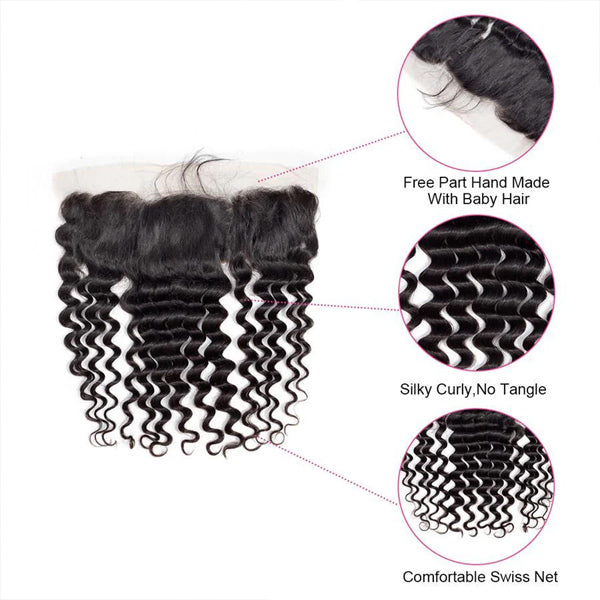 Deep Wave Human Hair 3 Bundles with 13*4 Lace Frontal Natural Black