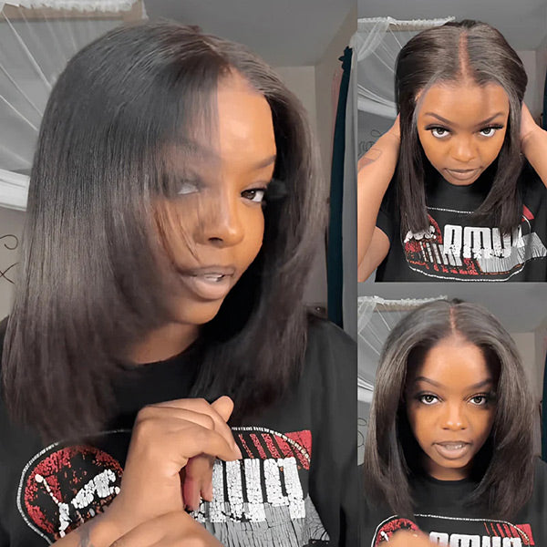 OQ HAIR Glueless Layered Cut Yaki Straight Wear Go Wig Pre-Cut 9x6 T Part Lace Bob Wig With Elastic Drawstring
