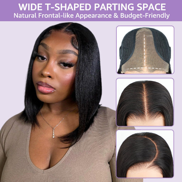 OQ HAIR Glueless Layered Cut Yaki Straight Wear Go Wig Pre-Cut 9x6 T Part Lace Bob Wig With Elastic Drawstring