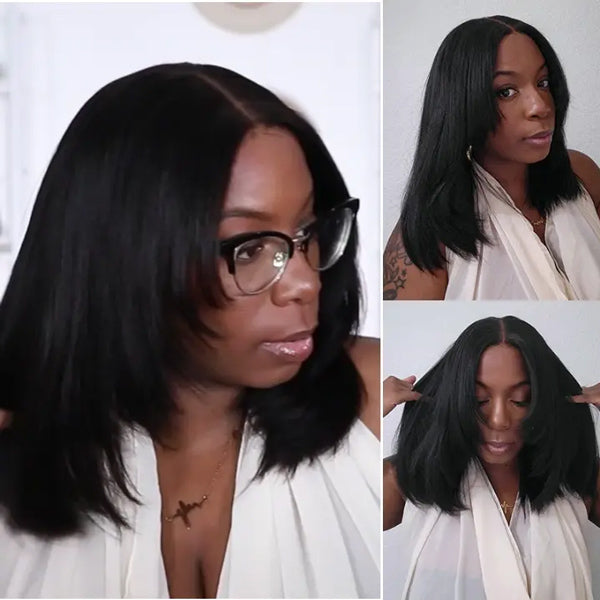 OQ HAIR Glueless Layered Cut Yaki Straight Wear Go Wig Pre-Cut 9x6 T Part Lace Bob Wig With Elastic Drawstring