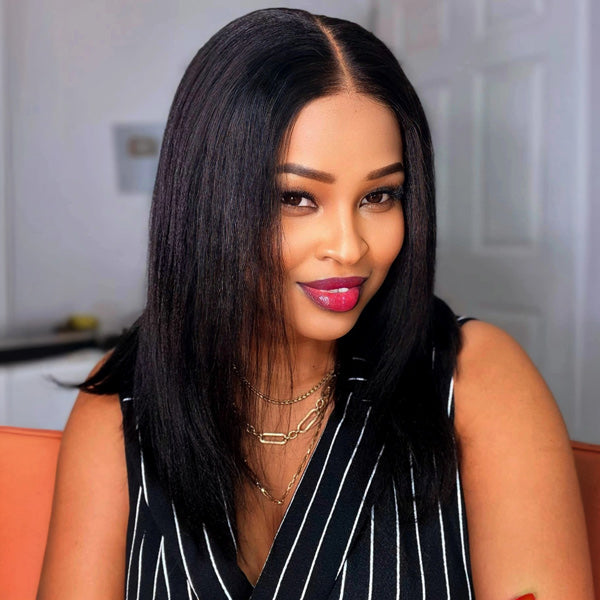 OQ HAIR Glueless Layered Cut Yaki Straight Wear Go Wig Pre-Cut 9x6 T Part Lace Bob Wig With Elastic Drawstring