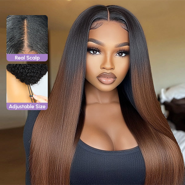 Yaki Straight Chestnut Brown Ombre Glueless V Part Wig With Invisi Drawstring