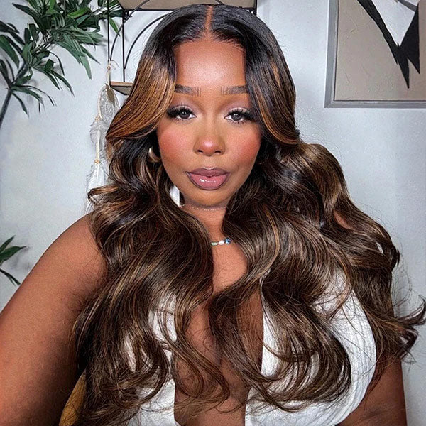 OQ HAIR Highlight Balayage Color Body Wave Glueless Wig Pre-cut 9x6 T Part Lace Wear Go Wig With Smart Clips