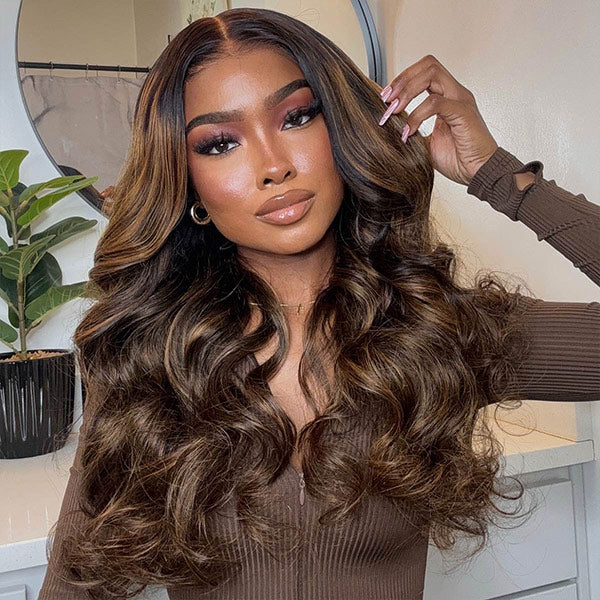 OQ HAIR Highlight Balayage Color Body Wave Glueless Wig Pre-cut 9x6 T Part Lace Wear Go Wig With Smart Clips