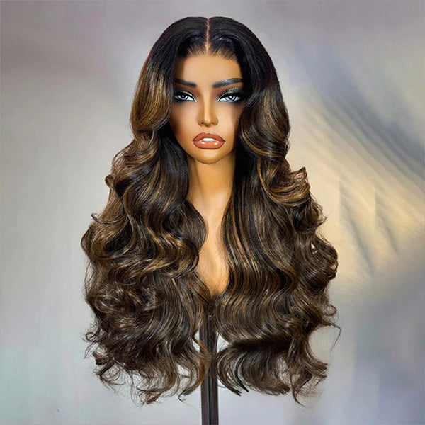 OQ HAIR Highlight Balayage Color Body Wave Glueless Wig Pre-cut 9x6 T Part Lace Wear Go Wig With Smart Clips