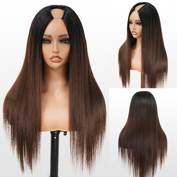 Yaki Straight Chestnut Brown Ombre Glueless V Part Wig With Invisi Drawstring