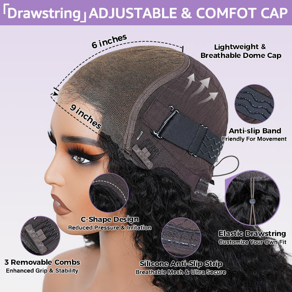 OQ HAIR Burmese Curly Glueless Wigs Elastic Drawstring Snug Fit Wear Go Wigs With Finger Coils Ends