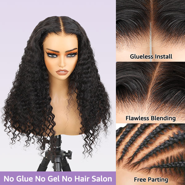 OQHAIR Pre-Bleached Knots Deep Wave Hair Drawstring Wear Go Glueless Wigs 7x5 Pre Cut HD Lace Closure Wigs With Pre Plucked Nautral Hairline