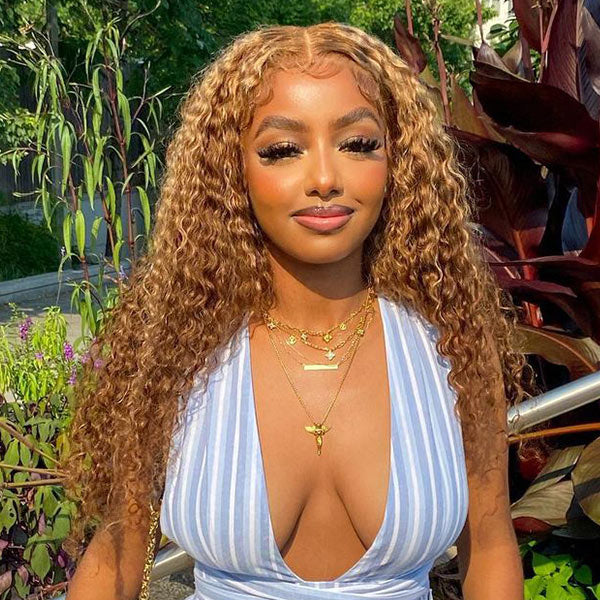 OQ HAIR Water Wave Highlight Ombre 4/27 Wear Go Glueless Wig Pre-cut 360 Lace Frontal Wig