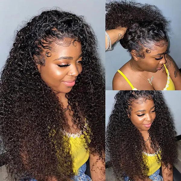 OQ HAIR Kinky Curly Invisi-Drawstring Pre-Cut 360 Lace Glueless Wig With Bleached Knots Pre-Plucked Hairline