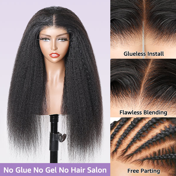 OQHAIR Kinky Straight Pre-Bleached Knots Adjustable Drawstring Wear Go Glueless Wigs Pre Cut Lace 7x5 HD Lace Closure Wigs