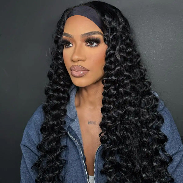 OQ HAIR Natural Loose Deep Headband Wig Easy Slip-On Style 100% Human Hair Wig