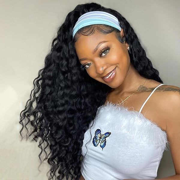OQ HAIR Natural Loose Deep Headband Wig Easy Slip-On Style 100% Human Hair Wig
