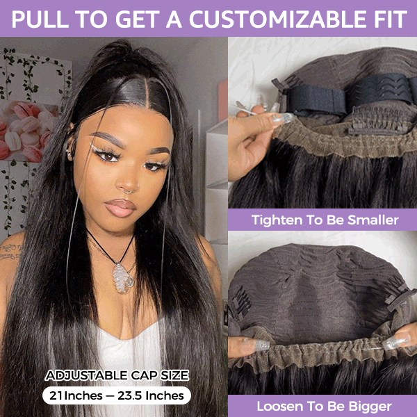 OQ HAIR Straight Invisi Drawstring Flexible Fit 360 Glueless Wig Pre-Cut Lace Bleached Knots Wig