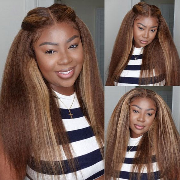 Kinky Straight Highlight Brown Color HD Lace Glueless Wigs Human Hair