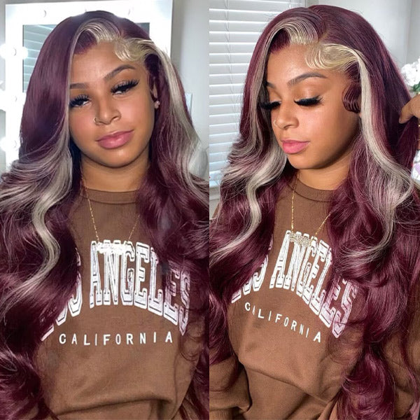 Red Wine and Blonde Skunk Stripe Color Wig Straight 13x4 Lace Front Wig