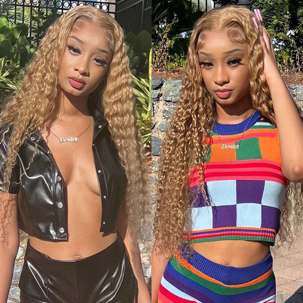 Honey Blonde Human Hair Lace Front Wigs Deep Curly Color Hair Wig
