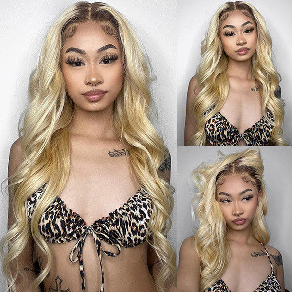 Ombre Blonde Hair With Brown Root Straight Hair #4/613 Colored 13x4 Human Hair Lace Front Wigs Pre Plucked Natural Hairline