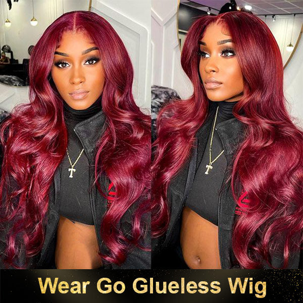 Pre cut Lace Wig Body Wave Hair 99J Burgundy Color Wear Go