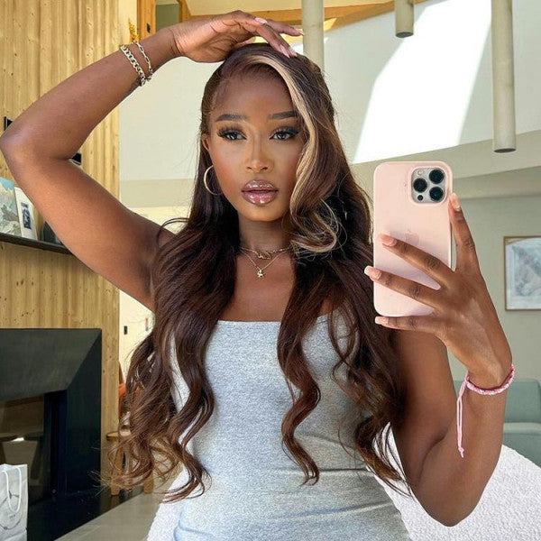 Honey Blonde and Brown Streaks Highlight Wigs Straight 13x4 Lace Front Wig