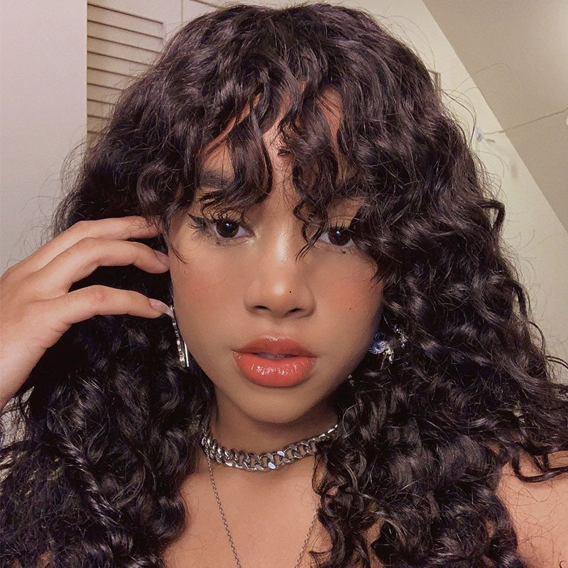 Water Wave Wigs with Bangs Machine Made Wigs for Women