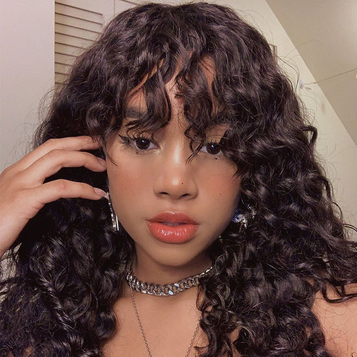 Water Wave Wigs with Bangs Machine Made Wigs for Women