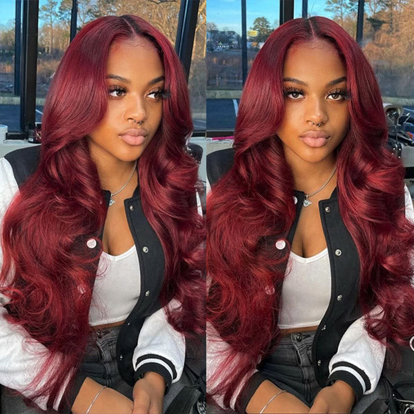 Pre-cut Lace Glueless Wig Body Wave Hair 99J Burgundy Color Wig