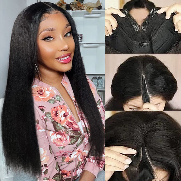 Kinky Straight V U Part Glueless Wig Human Hair
