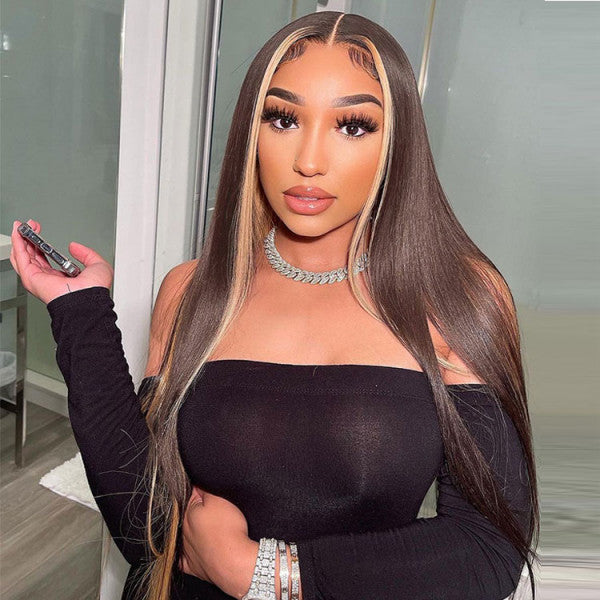 Honey Blonde and Brown Streaks Highlight Wigs Straight 13x4 Lace Front Wig
