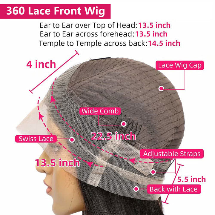 360 Lace Wigs Straight Preplucked Human Hair Lace Front Wigs Natural Black