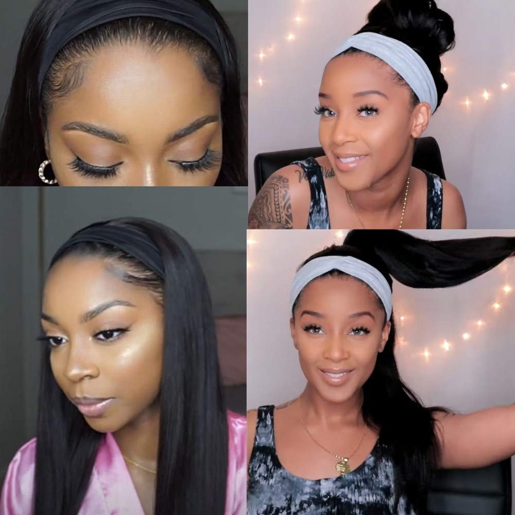 Straight Hair Headband Wig 14-26 Inch Human Hair Wigs For Women Full Machine Made Wig With Headband Scarf 180% Density - ORIGINAL QUEEN HAIR