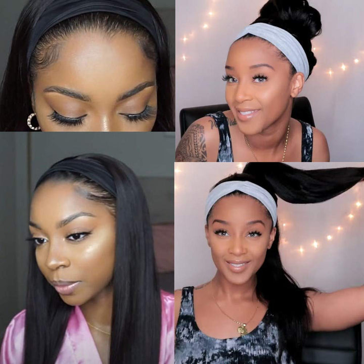 Straight Hair Headband Wig 14-26 Inch Human Hair Wigs For Women Full Machine Made Wig With Headband Scarf 180% Density - ORIGINAL QUEEN HAIR