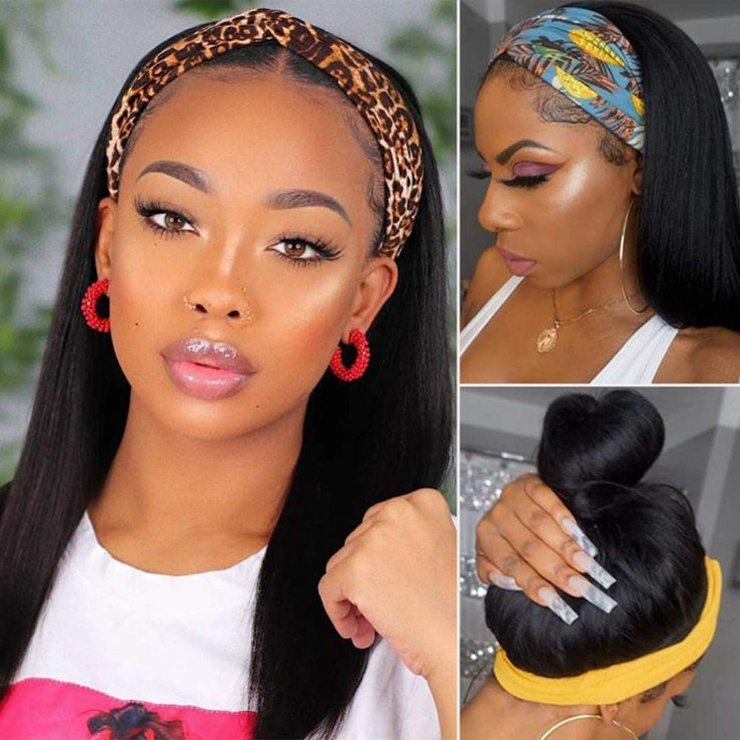 Straight Hair Headband Wig 14-26 Inch Human Hair Wigs For Women Full Machine Made Wig With Headband Scarf 180% Density - ORIGINAL QUEEN HAIR