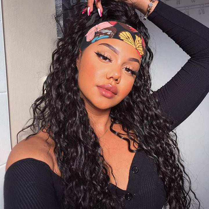 100% Human Hair Grip Headband Scarf Wig Water Wave Human Hair Wig 180% Density Curly No plucking wigs for Women No Glue No Sew In - ORIGINAL QUEEN HAIR