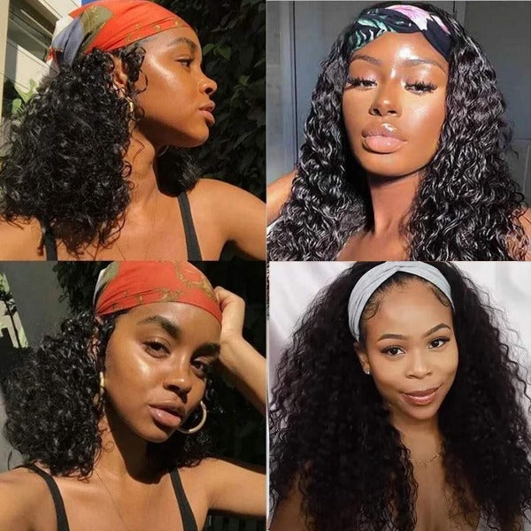100% Human Hair Grip Headband Scarf Wig Water Wave Human Hair Wig 180% Density Curly No plucking wigs for Women No Glue No Sew In - ORIGINAL QUEEN HAIR