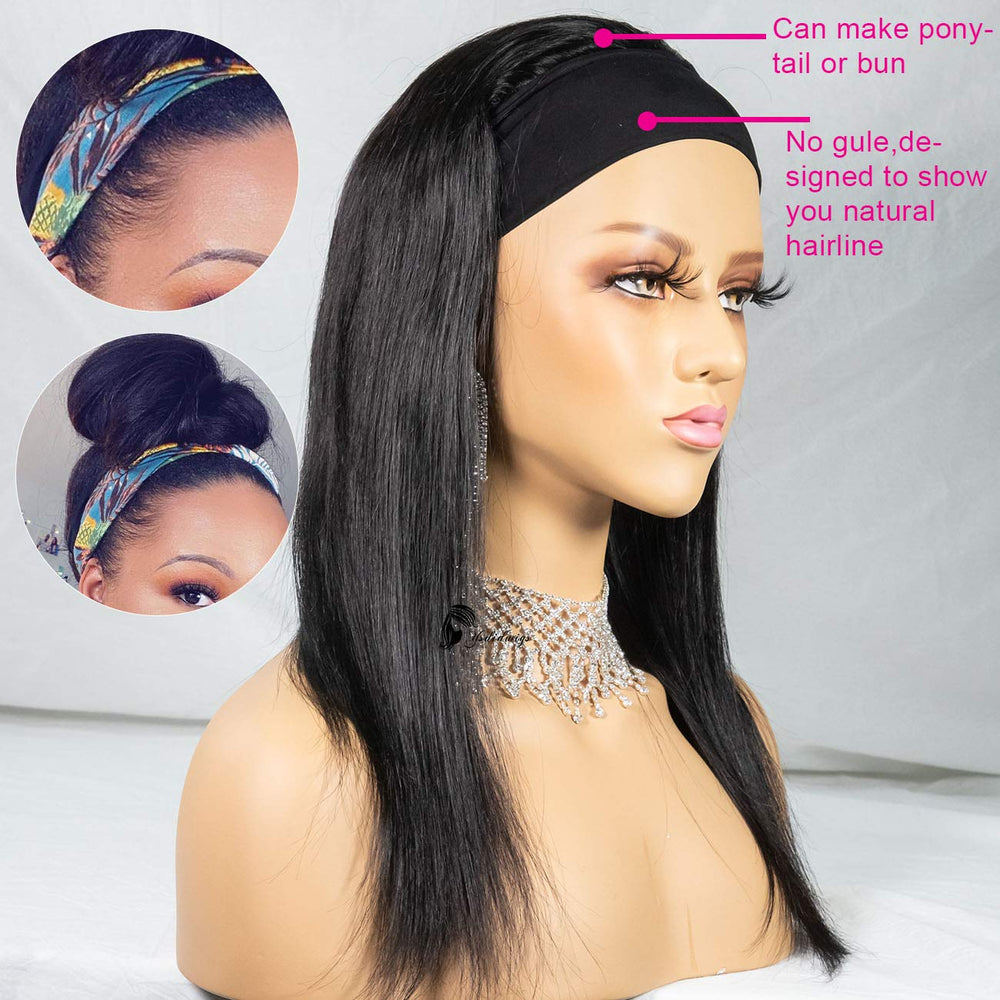 Straight Hair Headband Wig 14-26 Inch Human Hair Wigs For Women Full Machine Made Wig With Headband Scarf 180% Density - ORIGINAL QUEEN HAIR