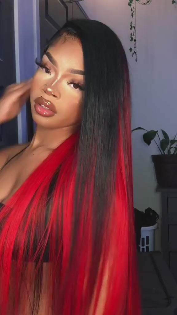 Straight Half Red and Half Black Color Wigs Preplucked Human Hair Lace Front Wigs Natural Hairline