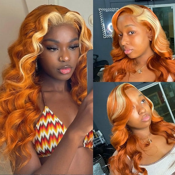 Ginger Orange With Blonde Streaks Color Body Wave Lace Front Wig