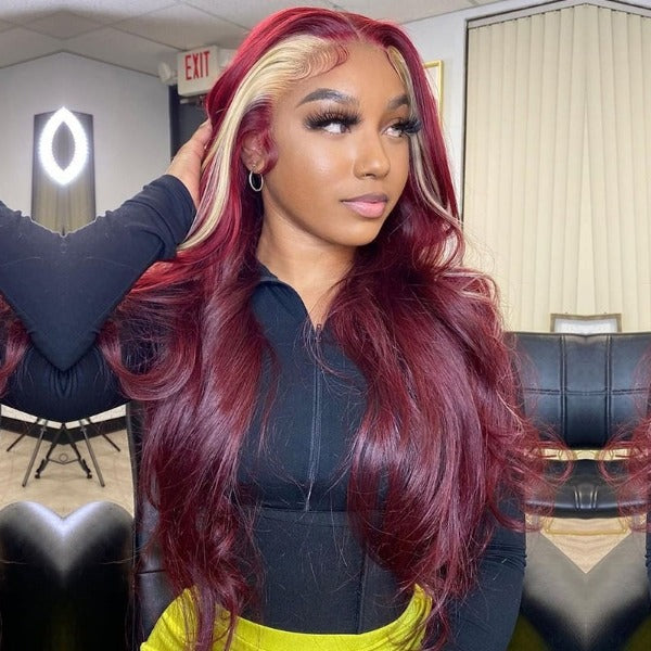 Red Wine and Blonde Skunk Stripe Color Wig Straight 13x4 Lace Front Wig