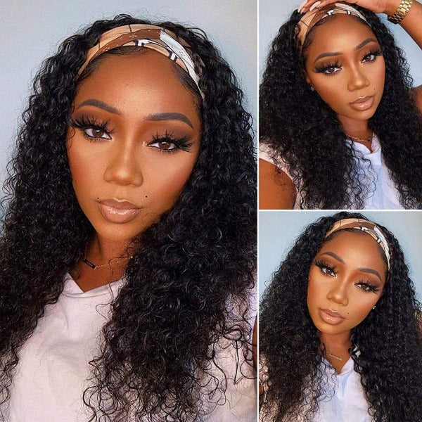 OQ HAIR 100% Human Hair Grip Headband Scarf Wig Water Wave Human Hair Wig Curly No plucking wigs for Women No Glue No Sew In