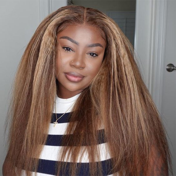 Kinky Straight Highlight Brown Color HD Lace Glueless Wigs Human Hair